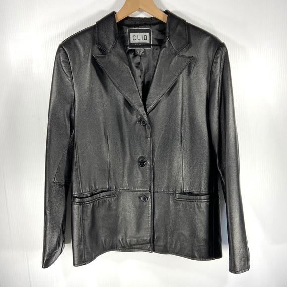 Clio Leather Black Long Sleeve Blazer Collared Jacket Coat Womens Medium - Picture 1 of 7
